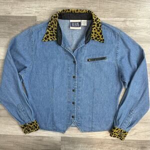 Vintage 90s Y2k Denim Down Shirt Leopard Cuffs Collar Bill Blass Medium